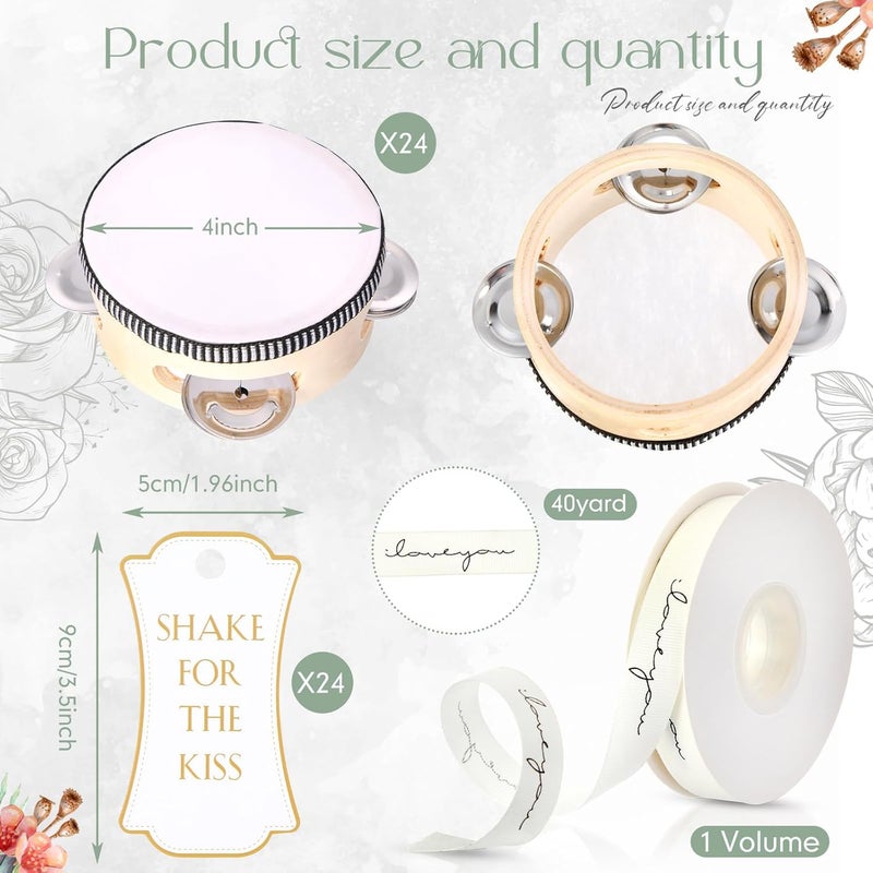 Lukmaa 24 Set 4 Inch Tambourine for Adults Wooden Hand Held Drum with Metal Jingles, Gift Tags, White I Love You Printed Ribbon Percussion Gift Musical Instrument for Church Wedding Party Favor - Image 2